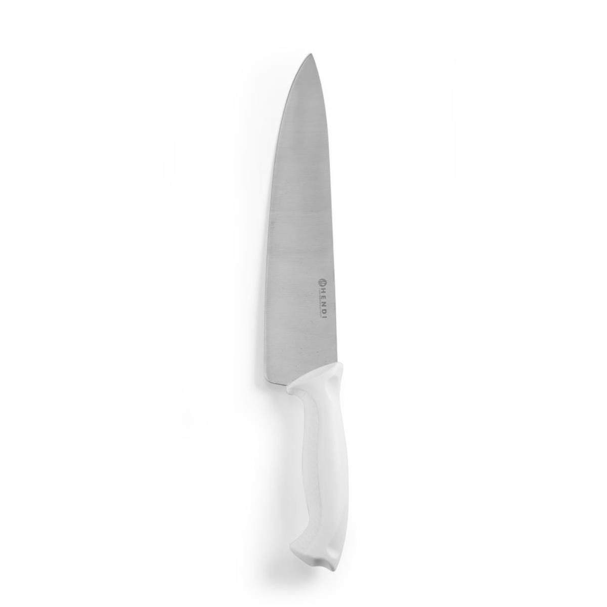 Ein großes Messer mit weißem Griff auf weißem Hintergrund, nach oben zeigend.