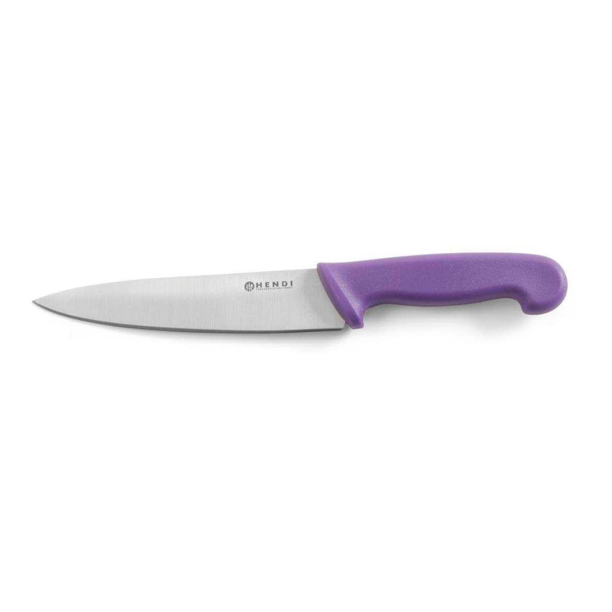 Ein Messer mit lila Griff und silberner Klinge. Weißer Hintergrund.