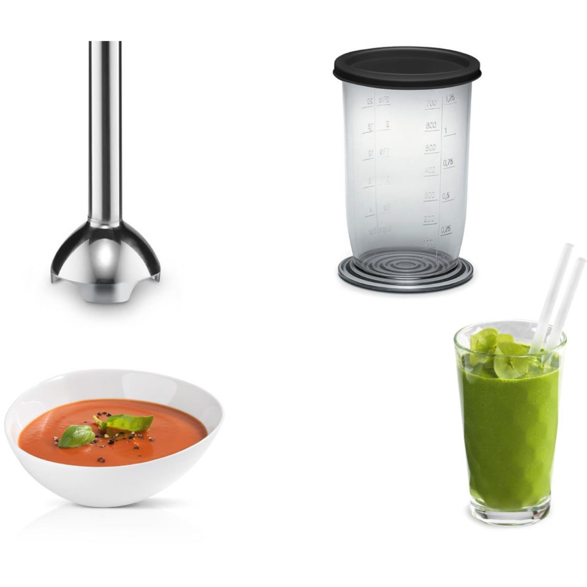 Bild von einem Mixer, Suppe und einem Smoothie. Alle Artikel sind auf weißem Grund.