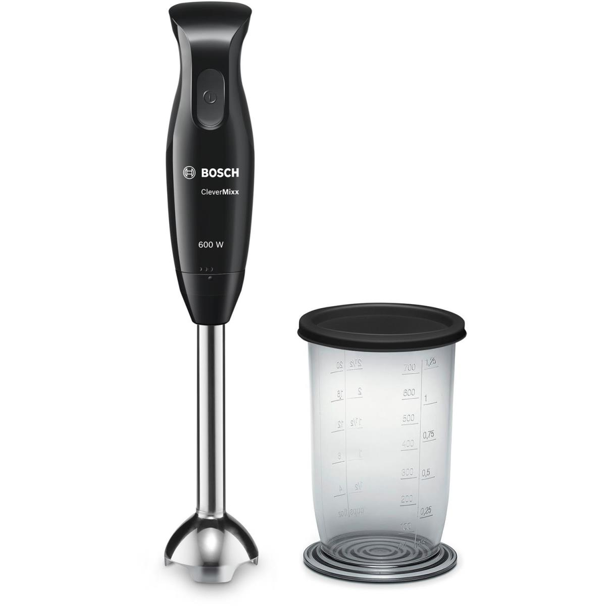 Schwarzer Bosch CleverMixx Stabmixer mit schwarzem Becher und Messmarkierungen.