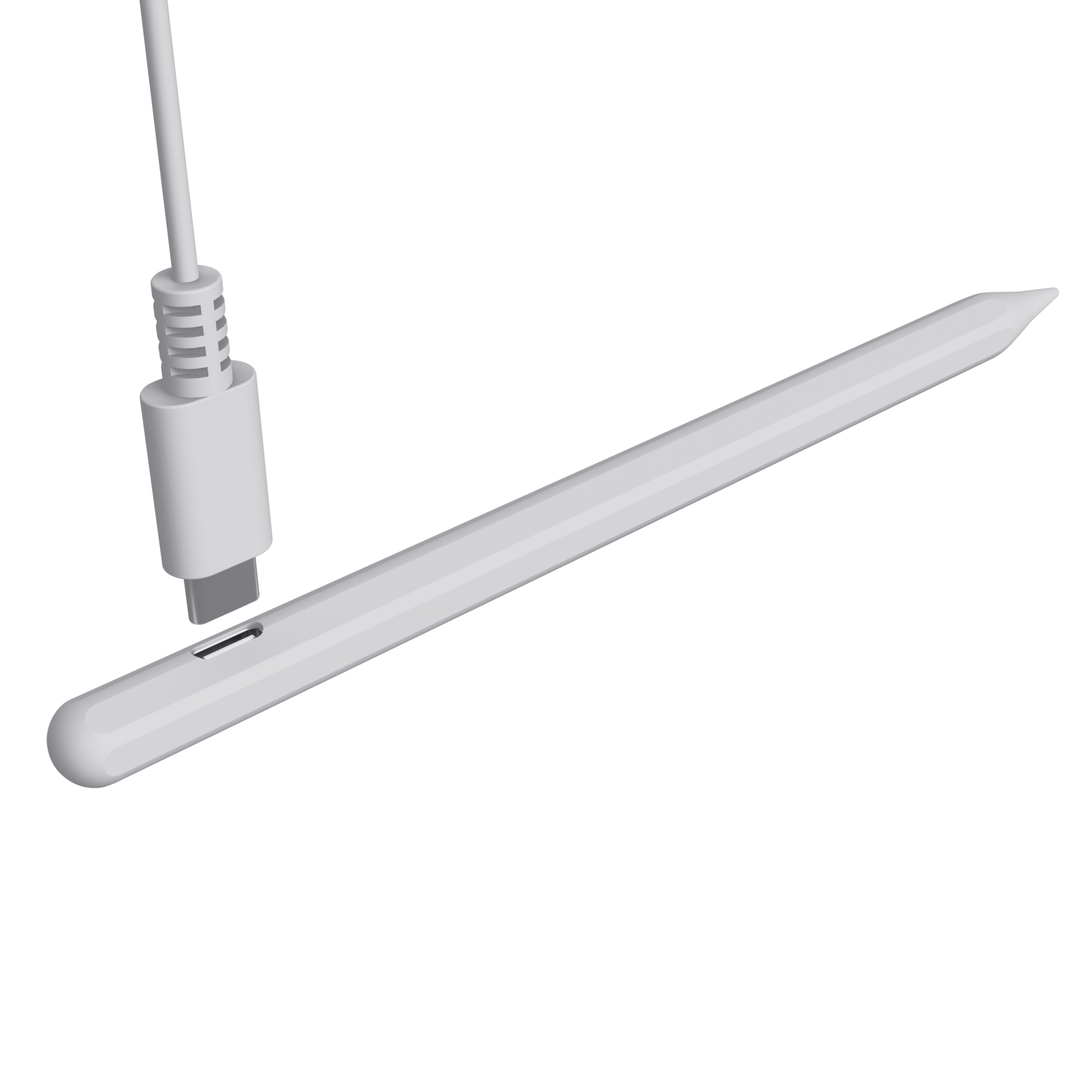 White stylus pen with a charging port and a USB-C cable, on a black backdrop.