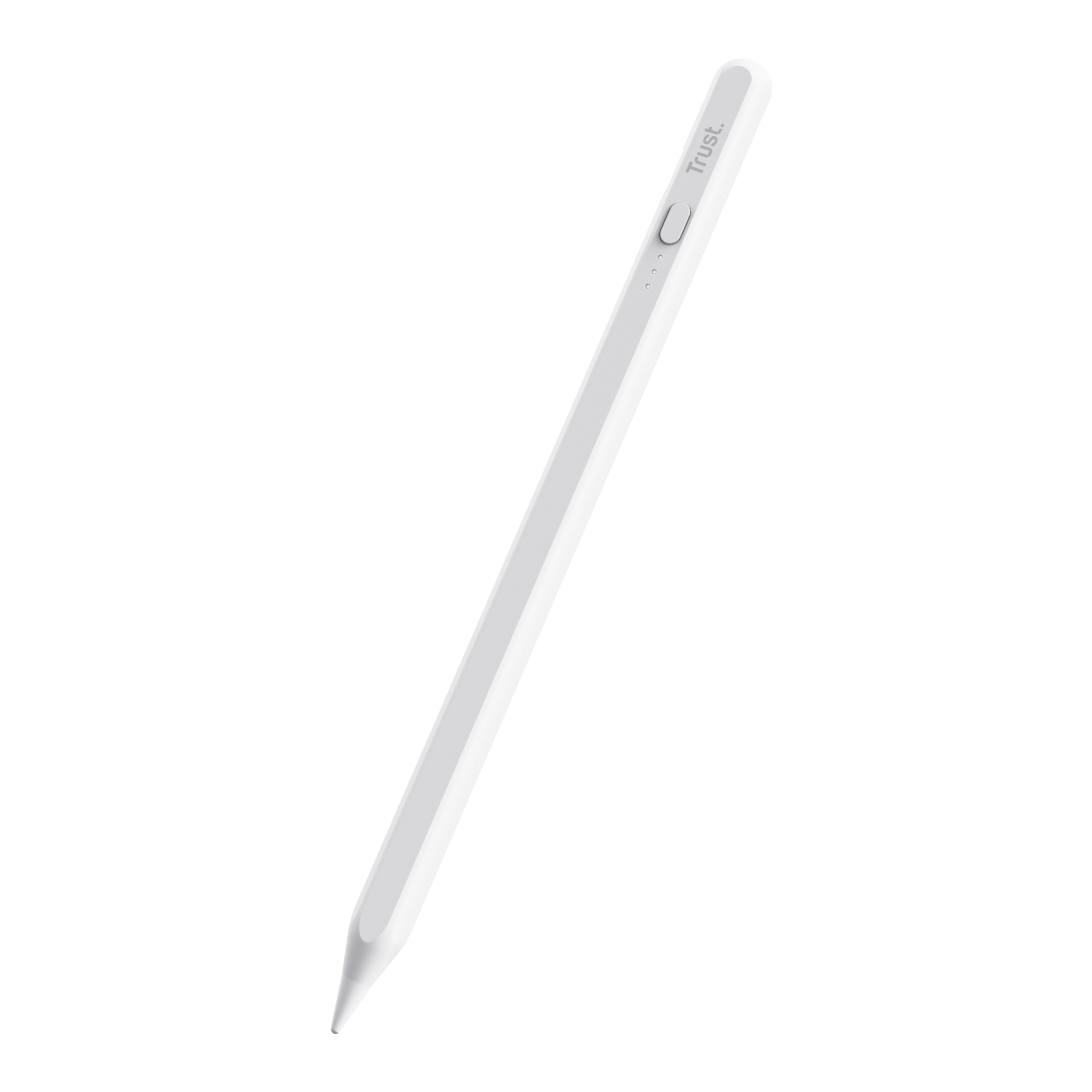 White Trust stylus pen with a black tip and a small light. Black background.