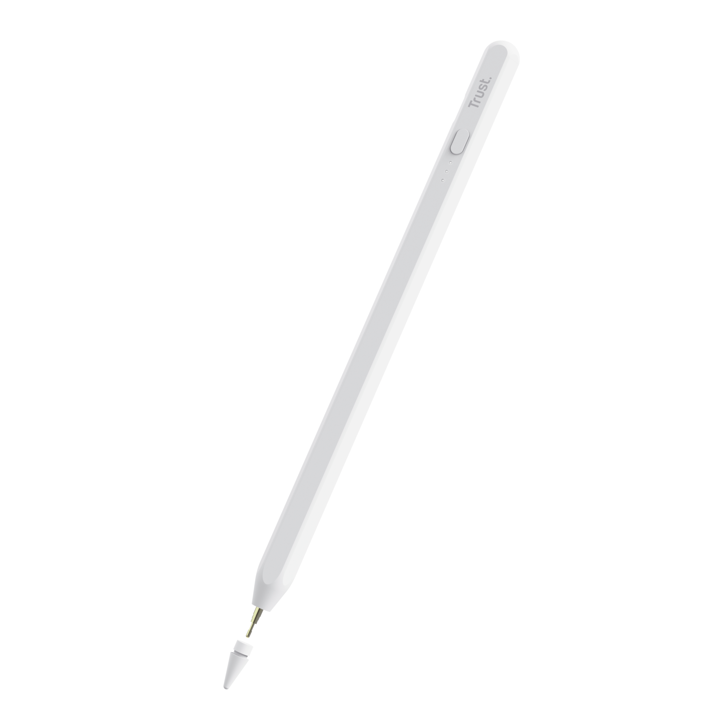 A white stylus pen with a black tip, on a black background.