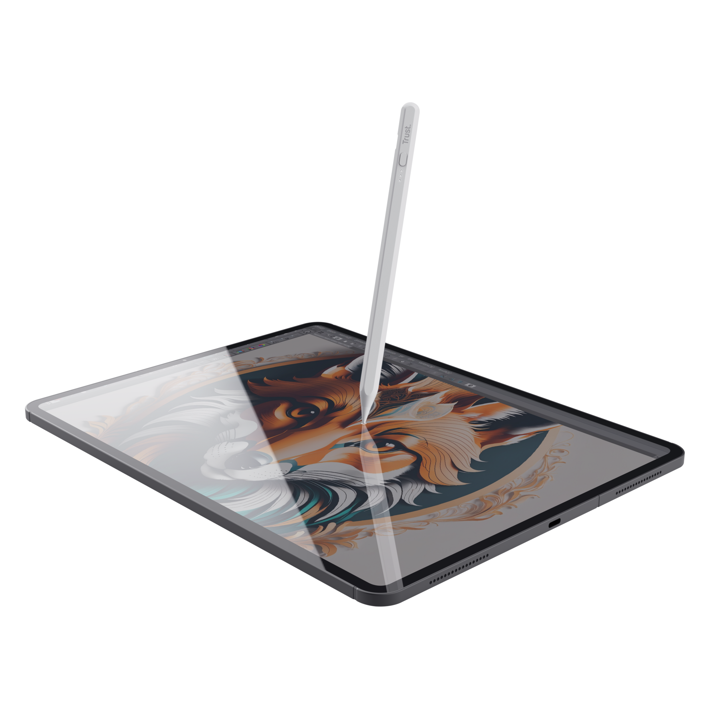 An iPad with a pen. A digital art piece of a fox. Black background. Pen appears to be writing on the screen.