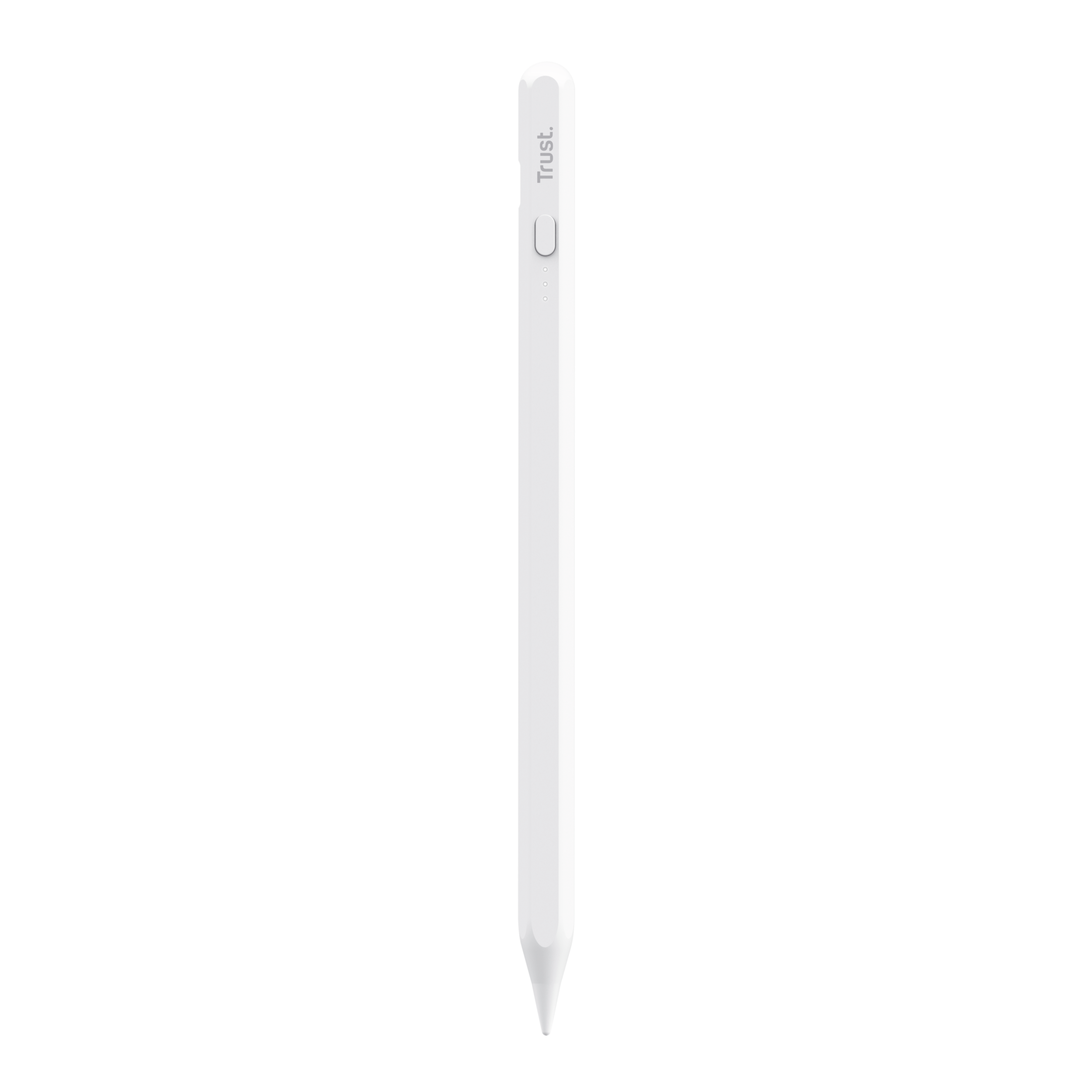 White stylus pen with a silver Trust logo, against a black background.