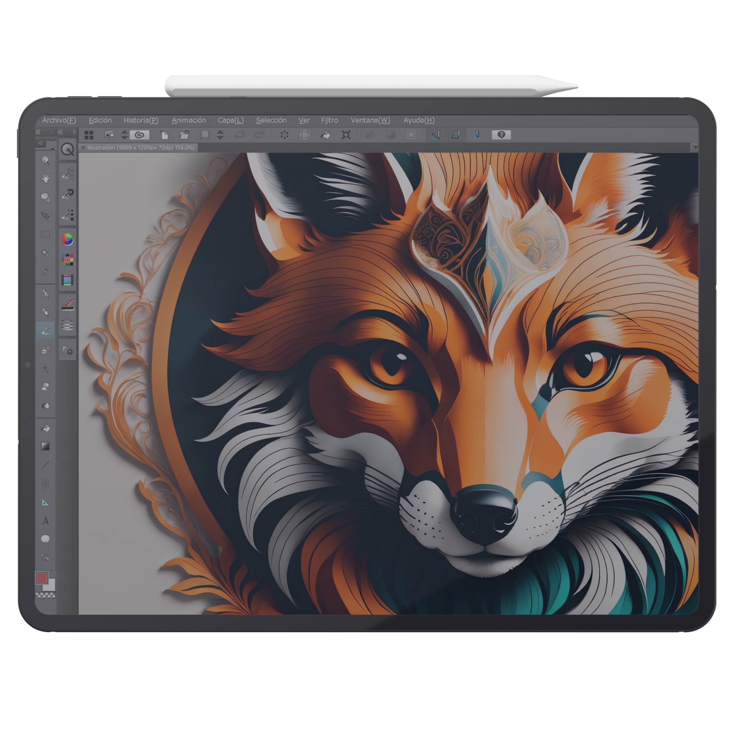 A digital drawing of a fox face with orange and white fur, on a tablet screen.