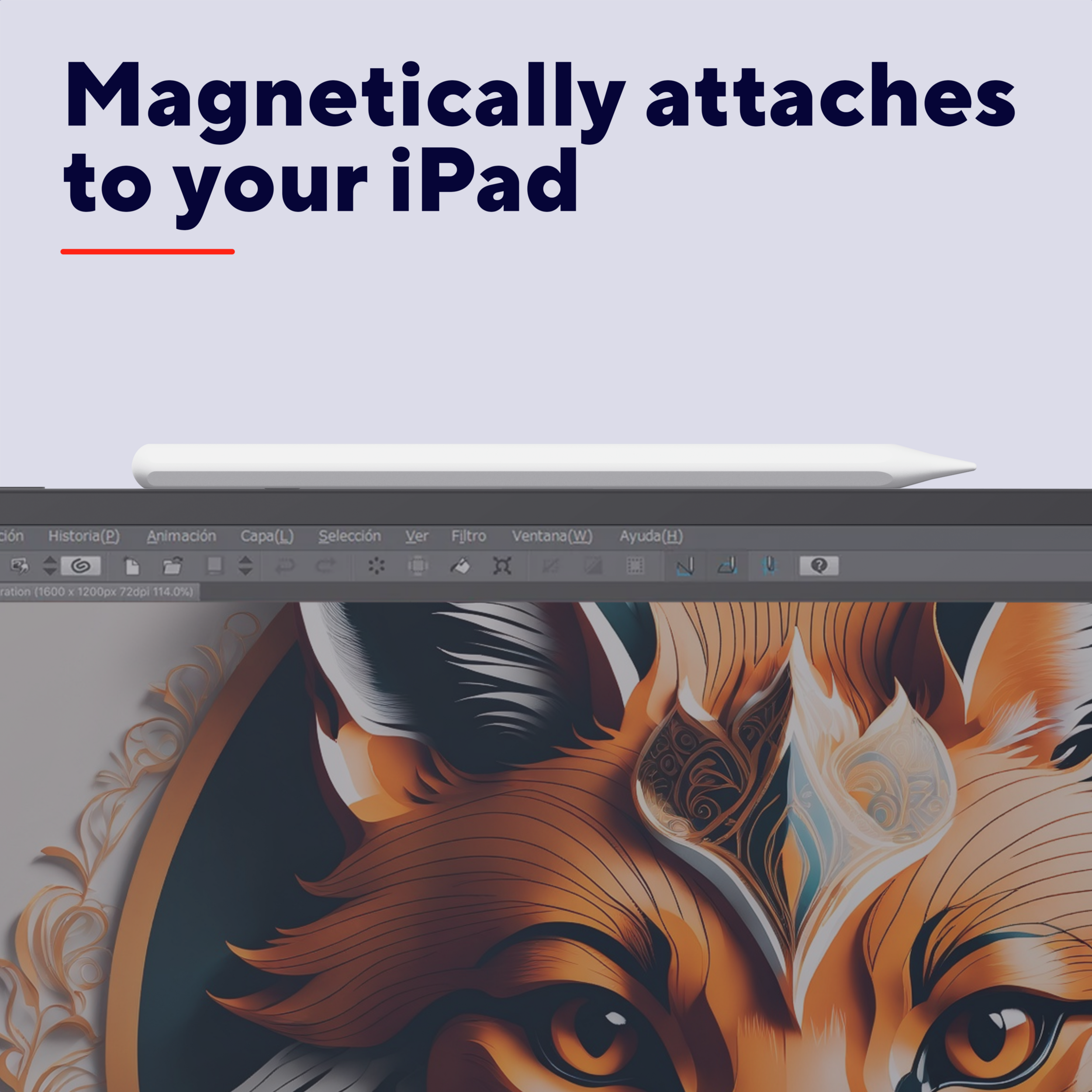 Pencil over a screen showing an illustration. Text: Magnetically attaches to your iPad.