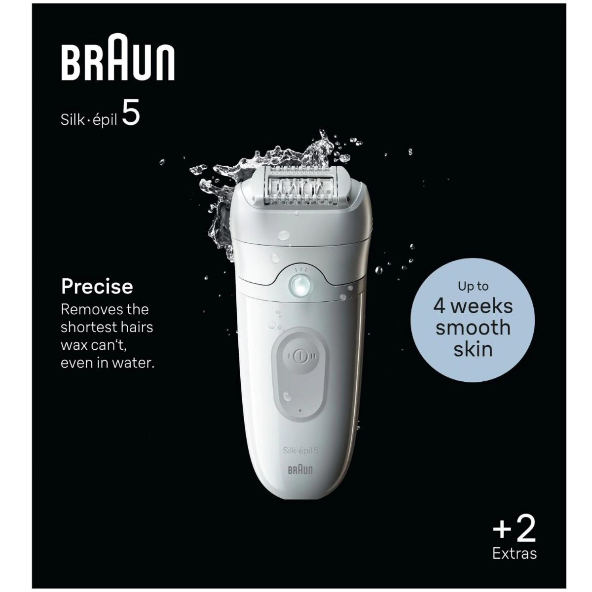 Biały depilator elektryczny z rozpryskami wody, Braun Silk-épil 5, na czarnym tle.