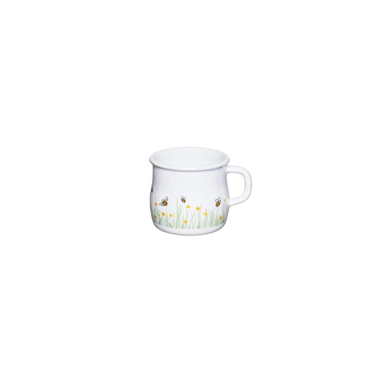 Weißer Becher mit Bienen- und Blumenillustrationen. Er hat einen Griff und steht auf weißem Hintergrund.