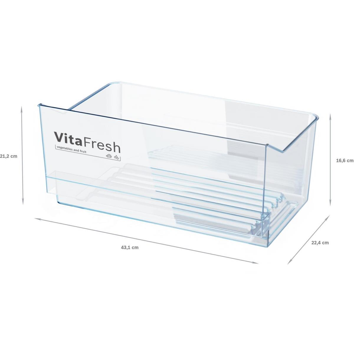 Transparente VitaFresh-Gemüseschublade mit Abmessungen.