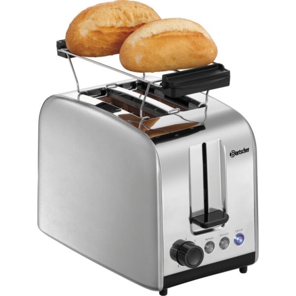 Ein silberner Toaster mit zwei Brötchen auf einem Rost.