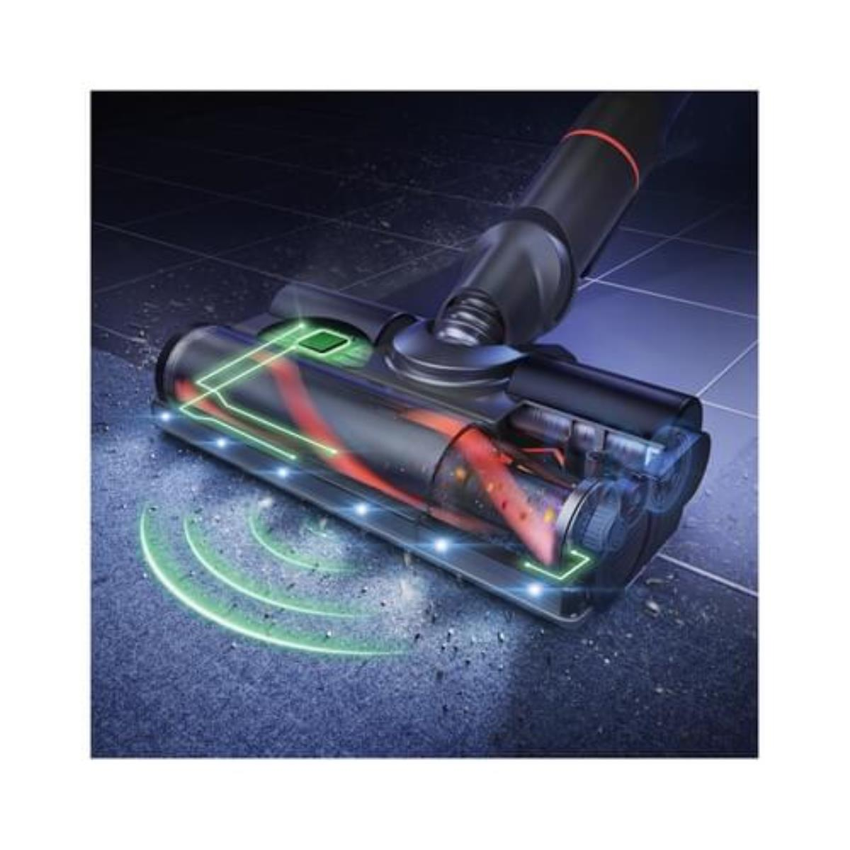 Głowica odkurzacza ze skupieniem na szczotce i światłach.