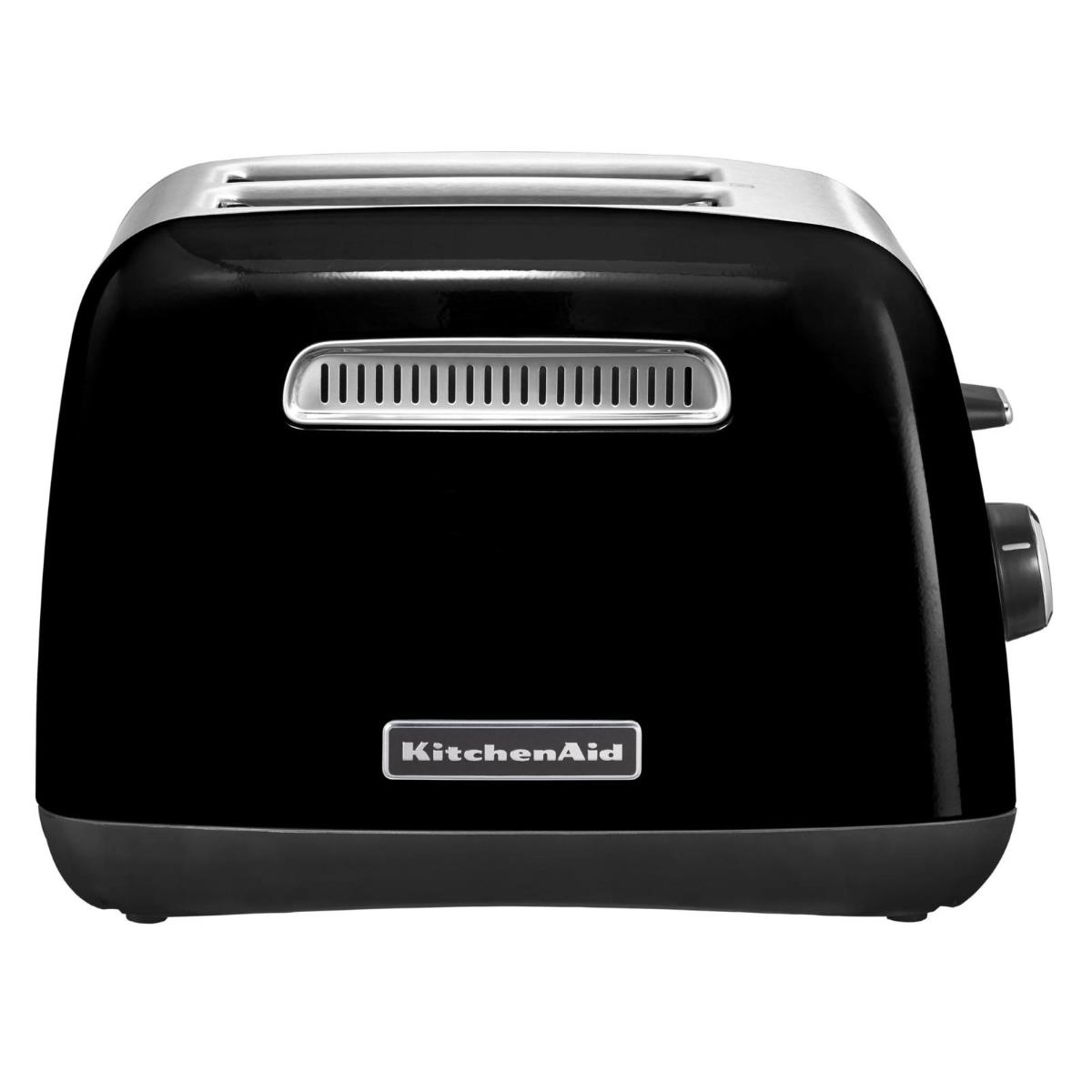 Black KitchenAid toaster. It has a silver top and a control knob. White background.