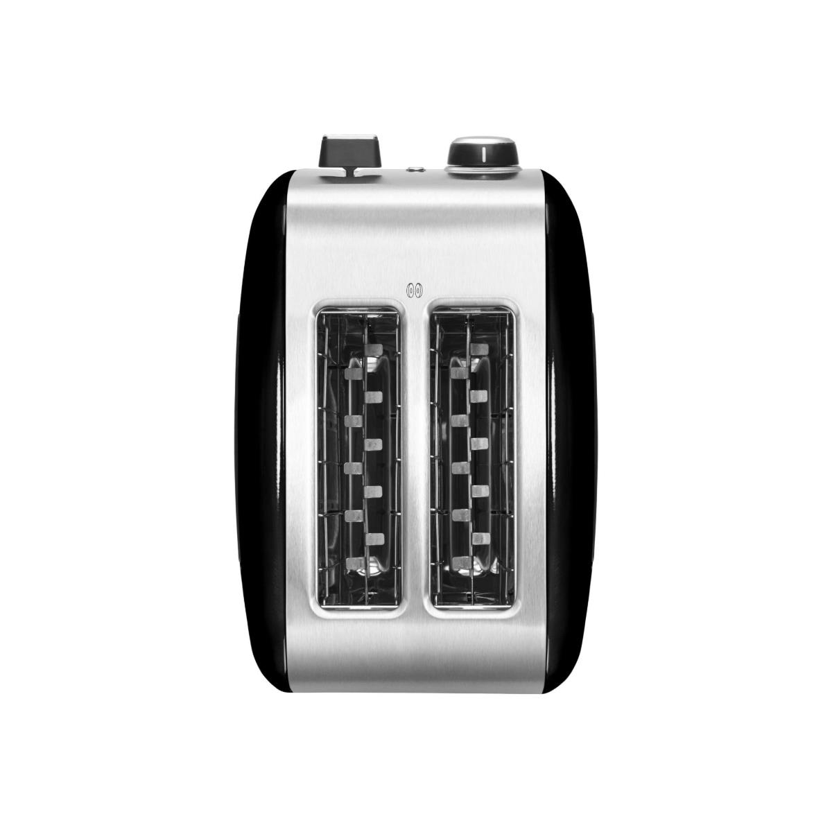 Black and silver toaster, front view, with two slots and two top buttons.