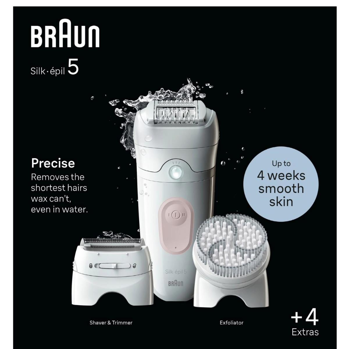 Epilatore Braun bianco, con tre accessori e schizzi d'acqua su sfondo nero.