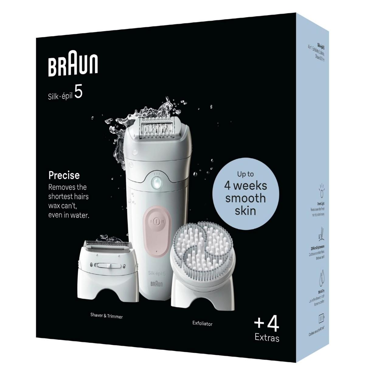 Scatola con un Braun Silk-épil 5, con accessori. Il testo menziona la rimozione precisa dei peli e la pelle liscia.