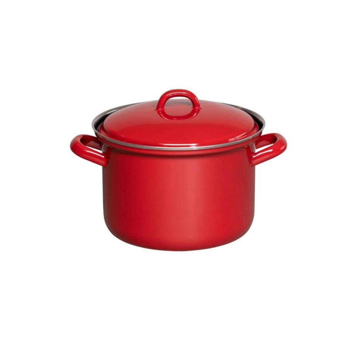 Roter Kochtopf mit Deckel und Griffen. Der Topf ist durchgehend rot. Weißer Hintergrund.