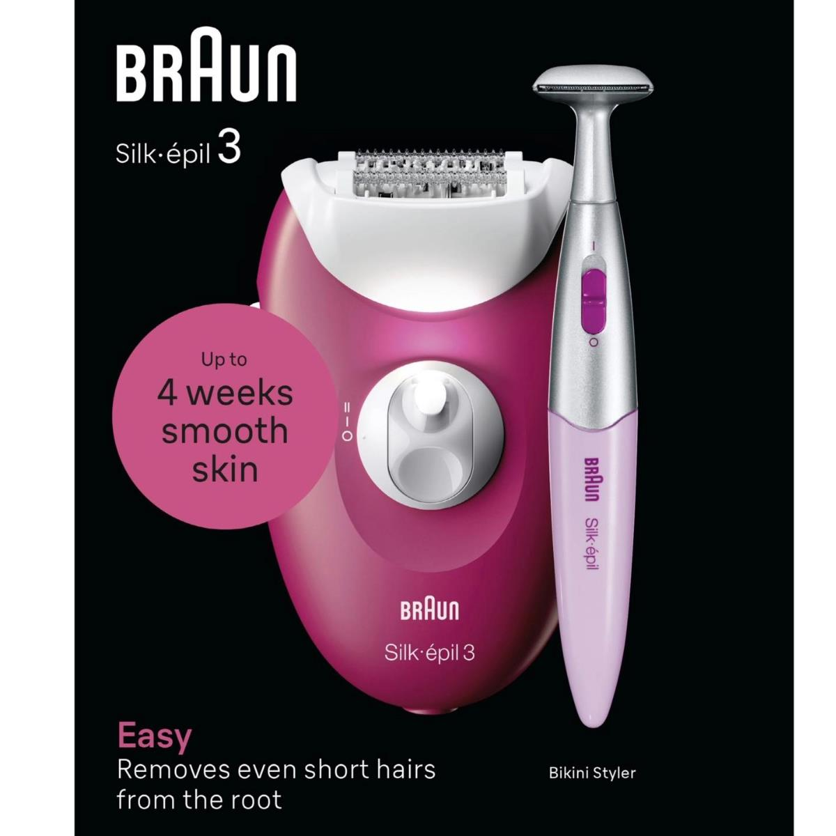 Różowy depilator Braun i stylizator bikini na czarnym tle z tekstem i różowym okręgiem.