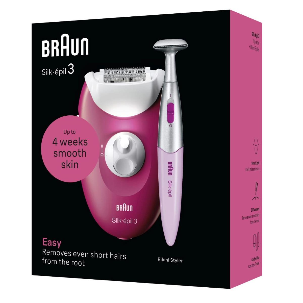 Różowe pudełko depilatora Braun Silk-épil 3 z depilatorem i trymerem bikini.