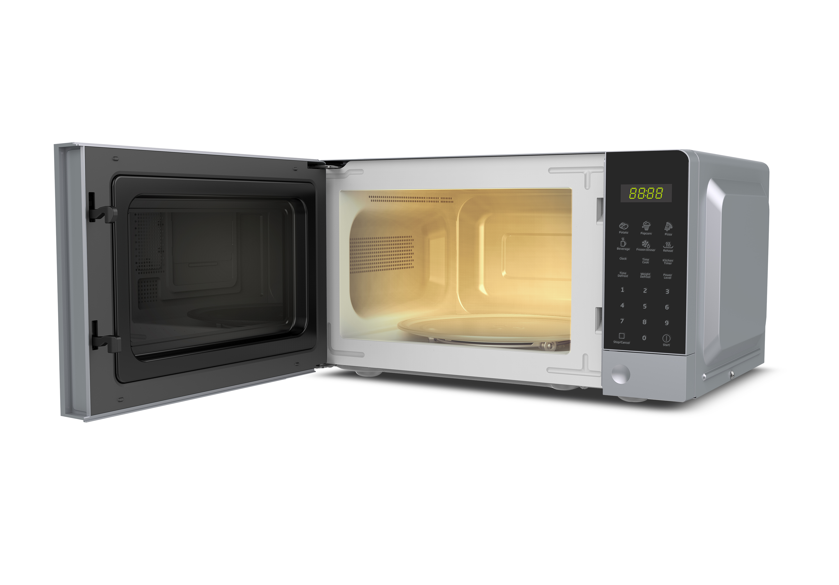 Kuchenka mikrofalowa z otwartymi drzwiami, pokazująca wnętrze, na białym tle.