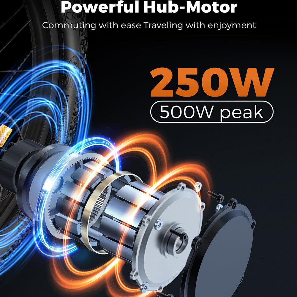 Un primo piano di un motore per bicicletta elettrica, etichettato '250W' e '500W peak', con grafici del flusso di energia.