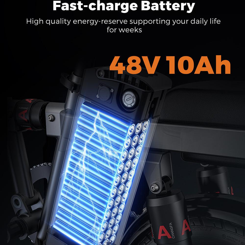 Pacco batteria per bici elettrica, con luci blu intense e testo sulla ricarica rapida.