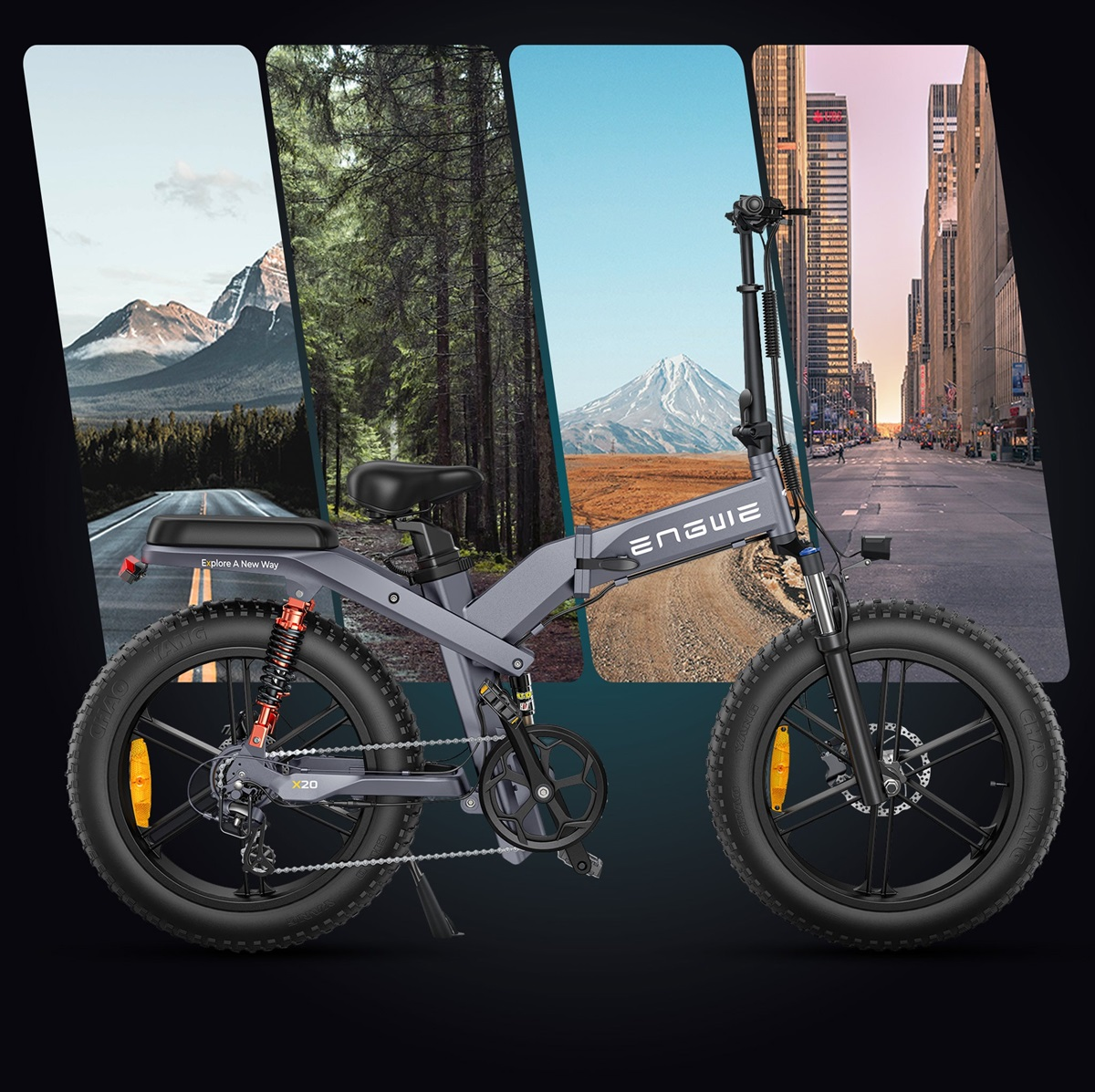 Bicicleta eléctrica plegable gris con diferentes escenas de fondo. La bicicleta tiene reflectores naranjas.