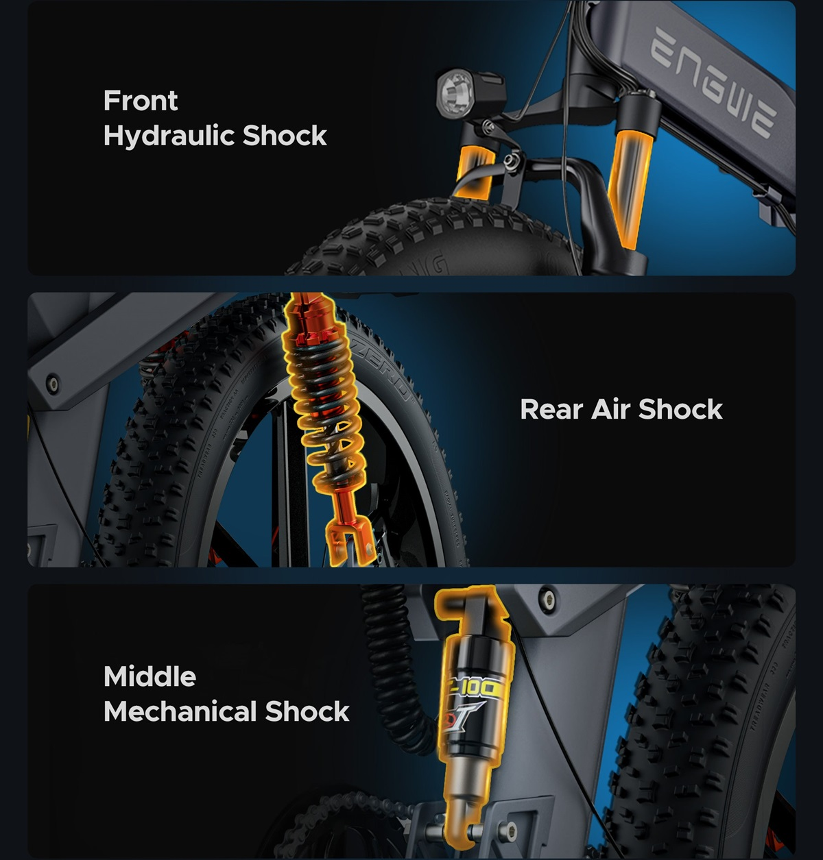 Primer plano de la suspensión de una e-bike: amortiguadores delantero, trasero y medio.