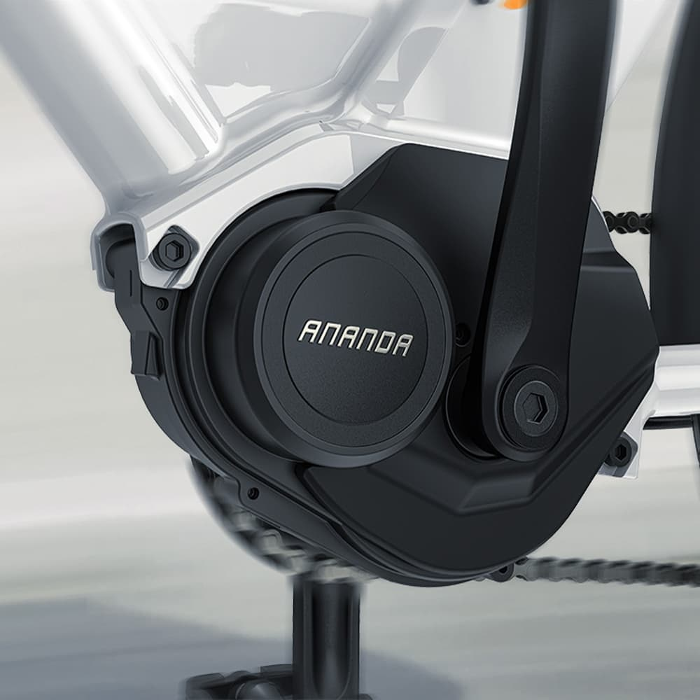 Primer plano de un motor de bicicleta eléctrica negro, marca 'ANANDA', con cadena y marco metálico.