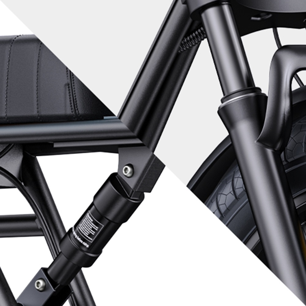 Primer plano del cuadro, amortiguador y área de la rueda delantera de una bicicleta negra.