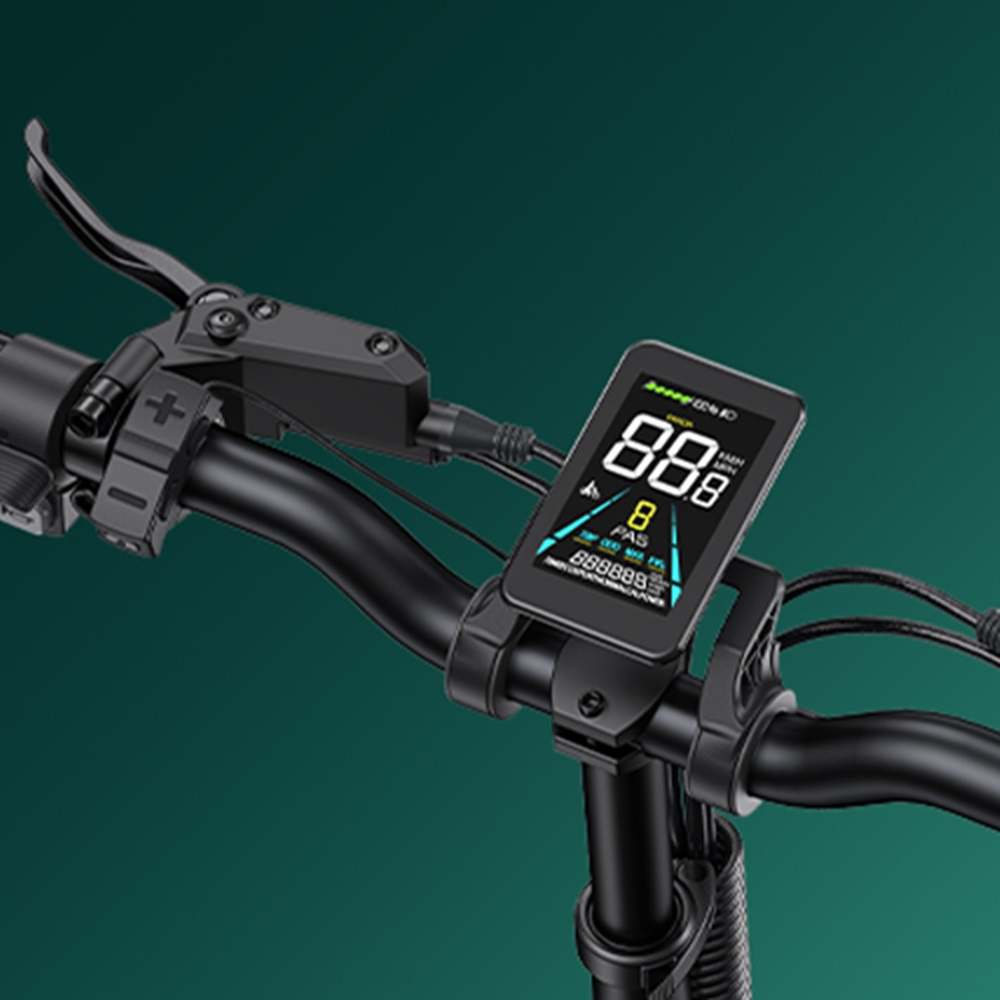 Primer plano del manillar de un scooter eléctrico. Muestra una pantalla digital que muestra la velocidad. También son visibles el freno y otros controles.