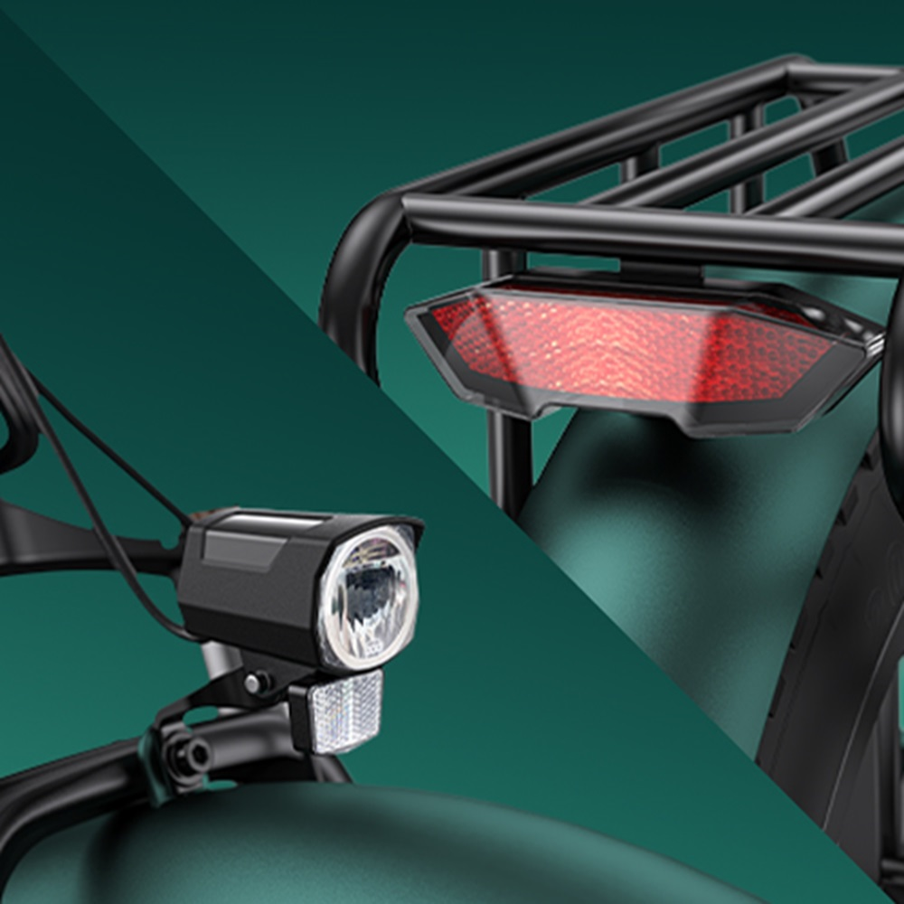 Primer plano de piezas de bicicleta: luz trasera y portaequipajes, luz delantera y detalles del manillar.