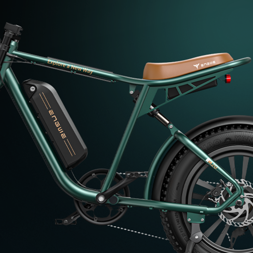 Bicicleta eléctrica verde, con asiento marrón y batería negra en el marco.