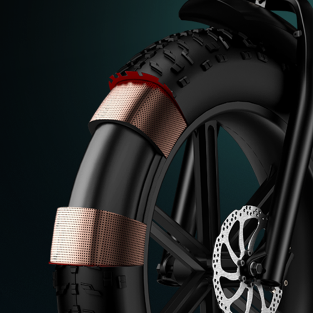 Primer plano de un neumático de bicicleta con detalles color cobre, mostrando la rueda.