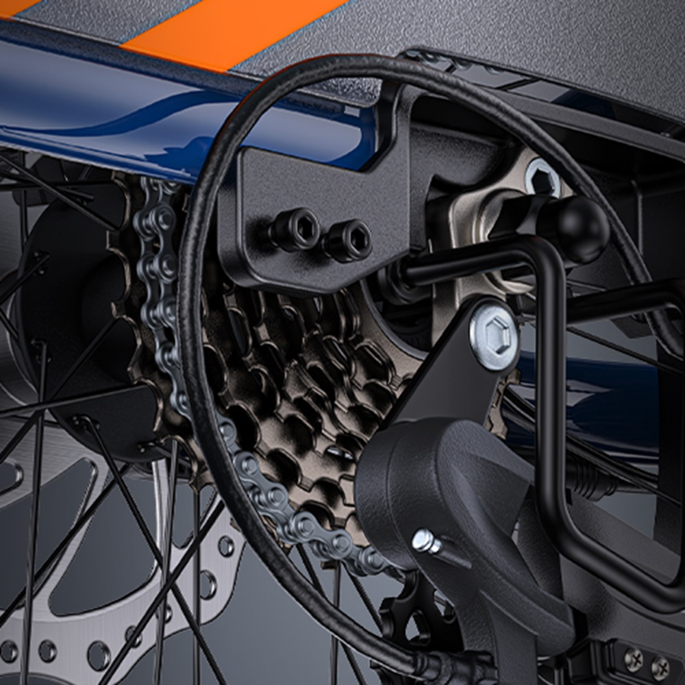 Fahrradgetriebe und Hinterradkomponenten. Schwarze Zahnräder vor blauem Rahmen.