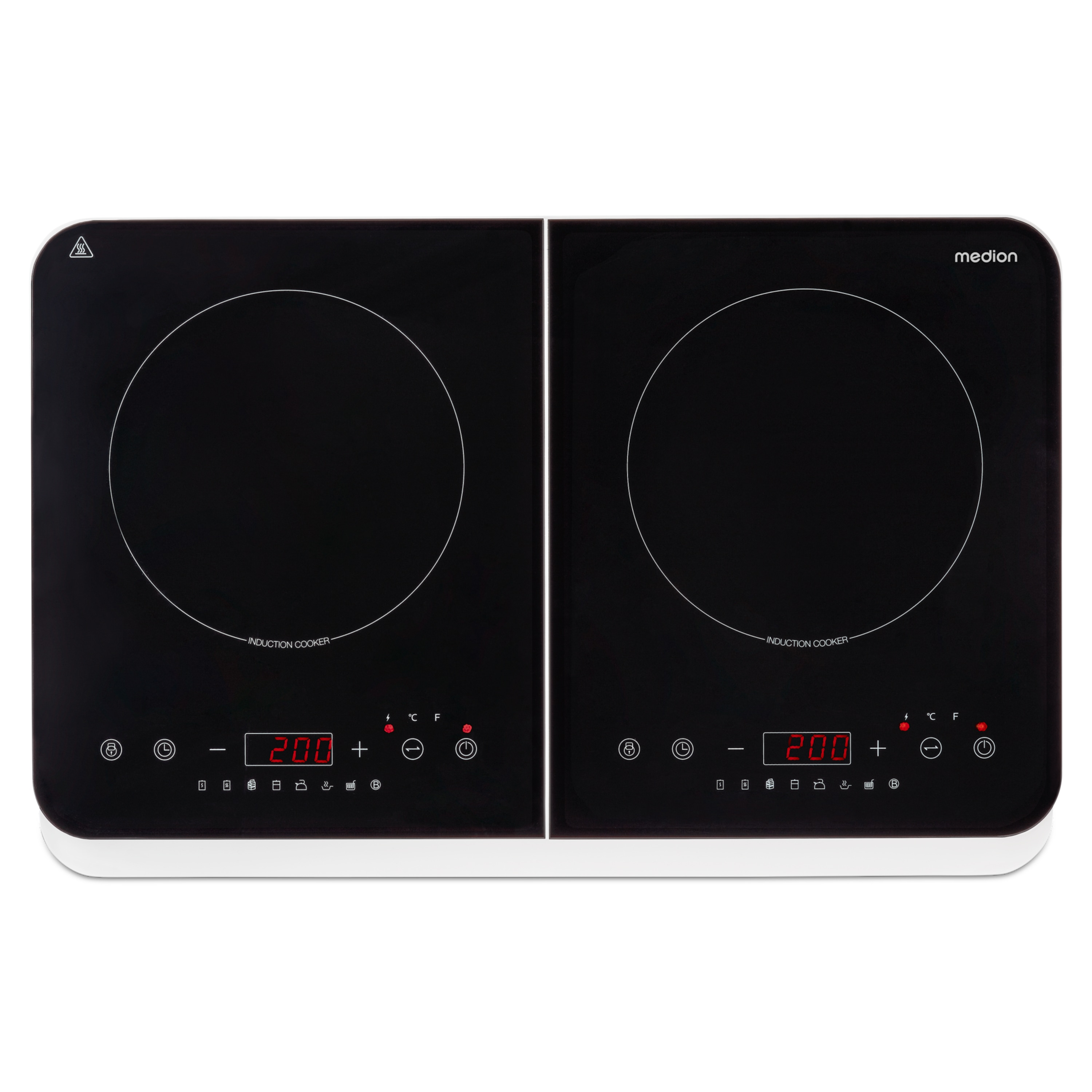 Czarna płyta indukcyjna z dwoma palnikami. Każdy wyświetla ustawienia temperatury i elementy sterujące.