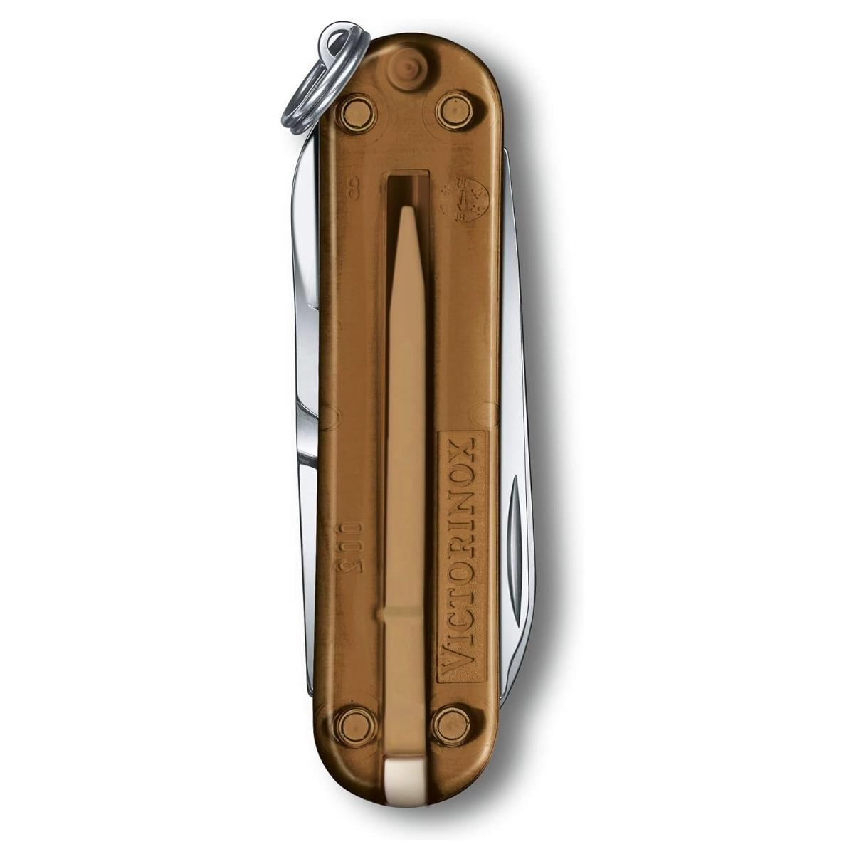 Ein kleines, hellbraunes Taschenmesser mit silberner Klinge.