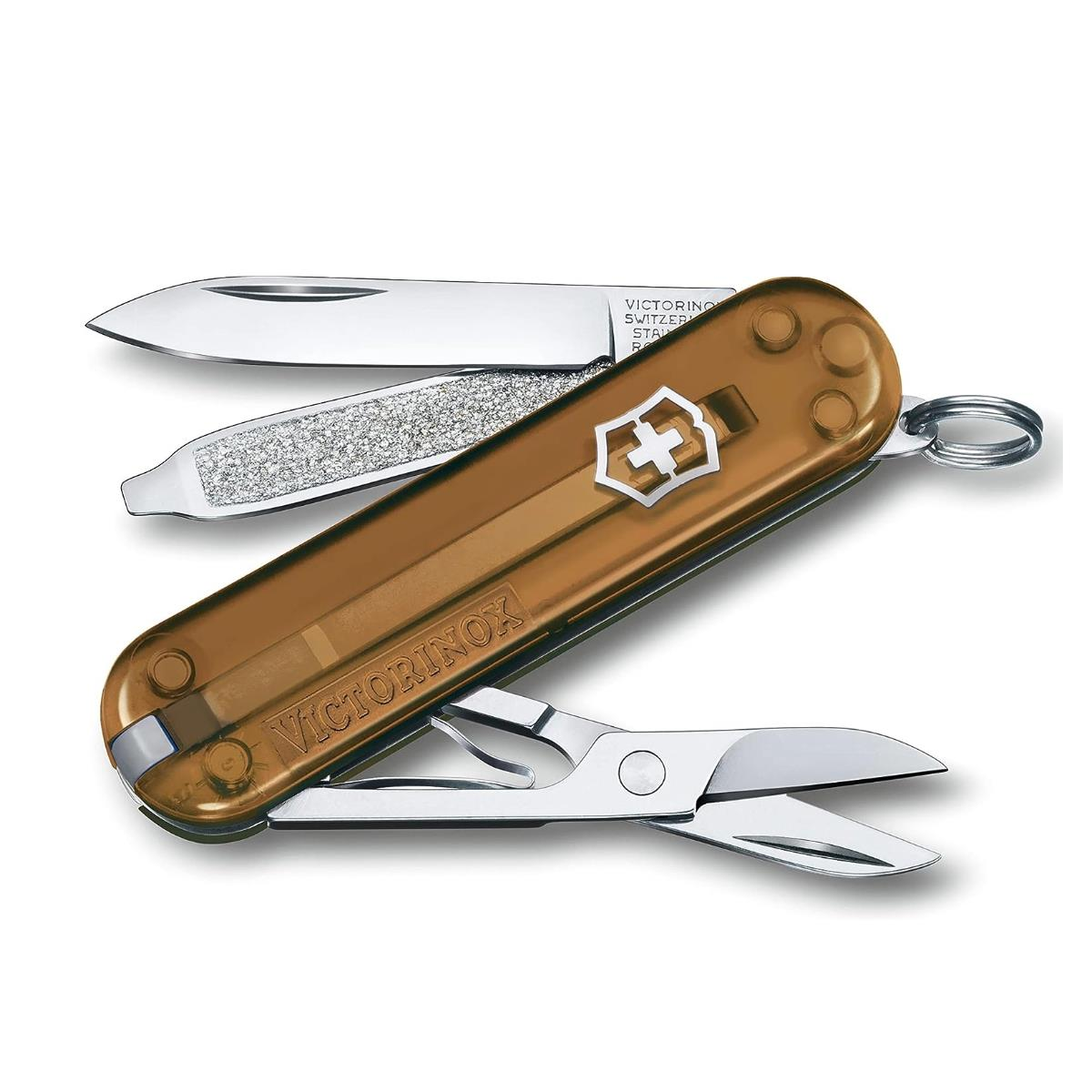 Ein braunes Victorinox Schweizer Taschenmesser mit mehreren Werkzeugen.