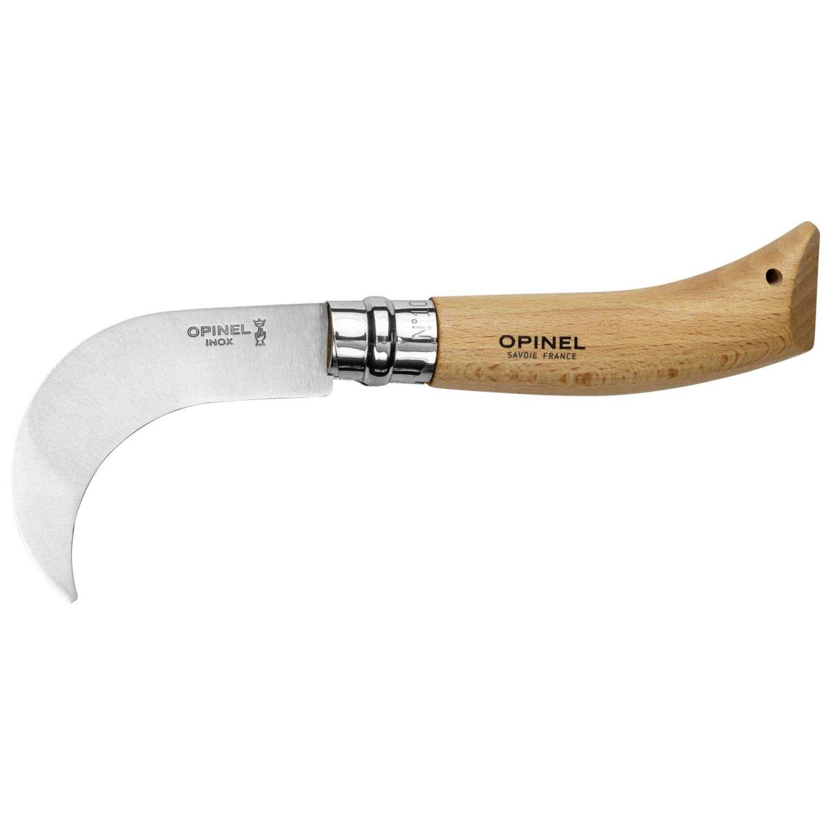 Gebogenes Klingenmesser mit Holzgriff, markiert mit 'OPINEL'.