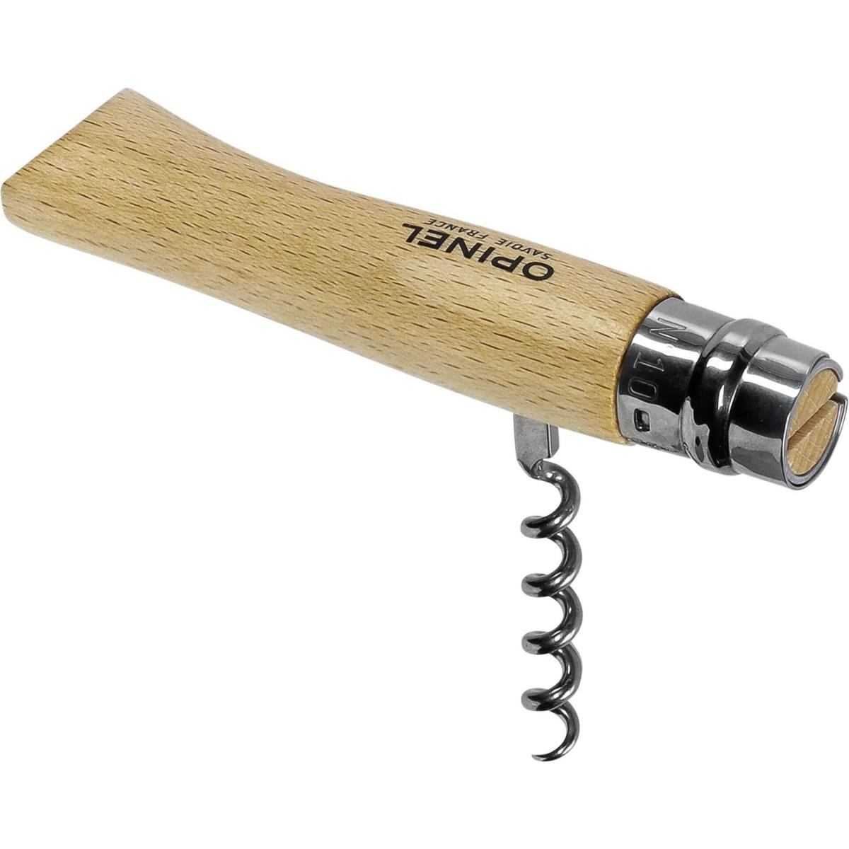 Un coltello cavatappi Opinel in legno con il cavatappi estratto.