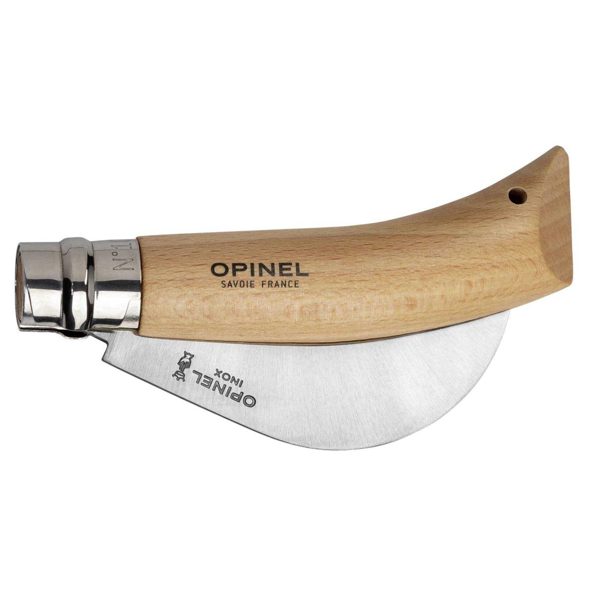 Opinel-Messer mit gebogener Klinge, Holzgriff. Die Klinge ist geöffnet und zeigt die Opinel- und Inox-Markierungen.