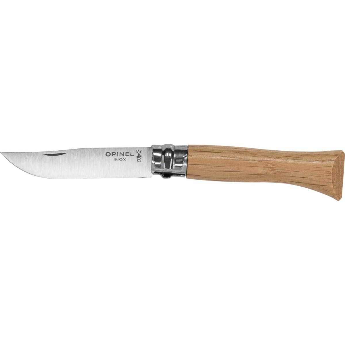 Coltello Opinel con manico in legno e lama in acciaio inossidabile.