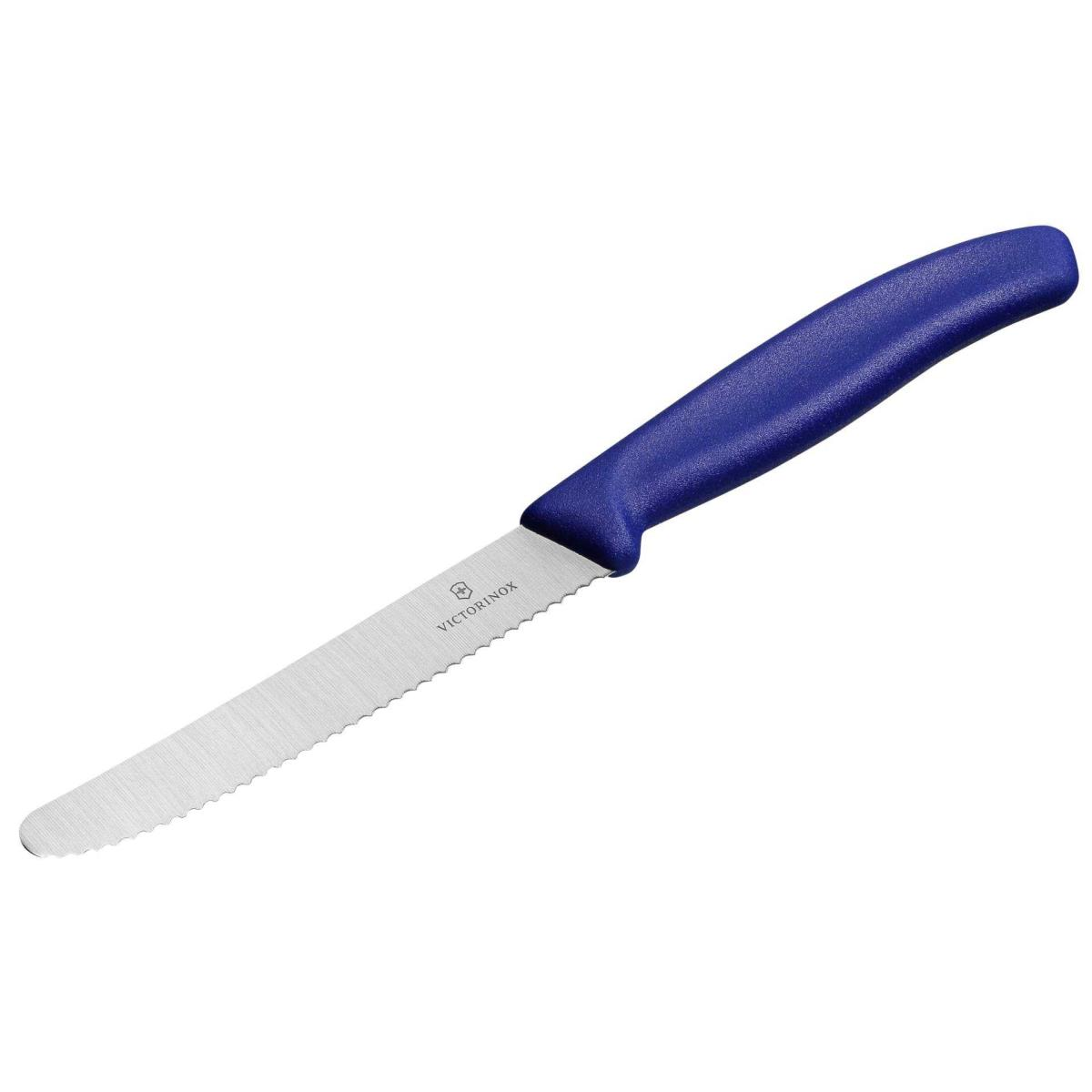 Ein gezahntes Messer mit blauem Griff auf weißem Hintergrund.