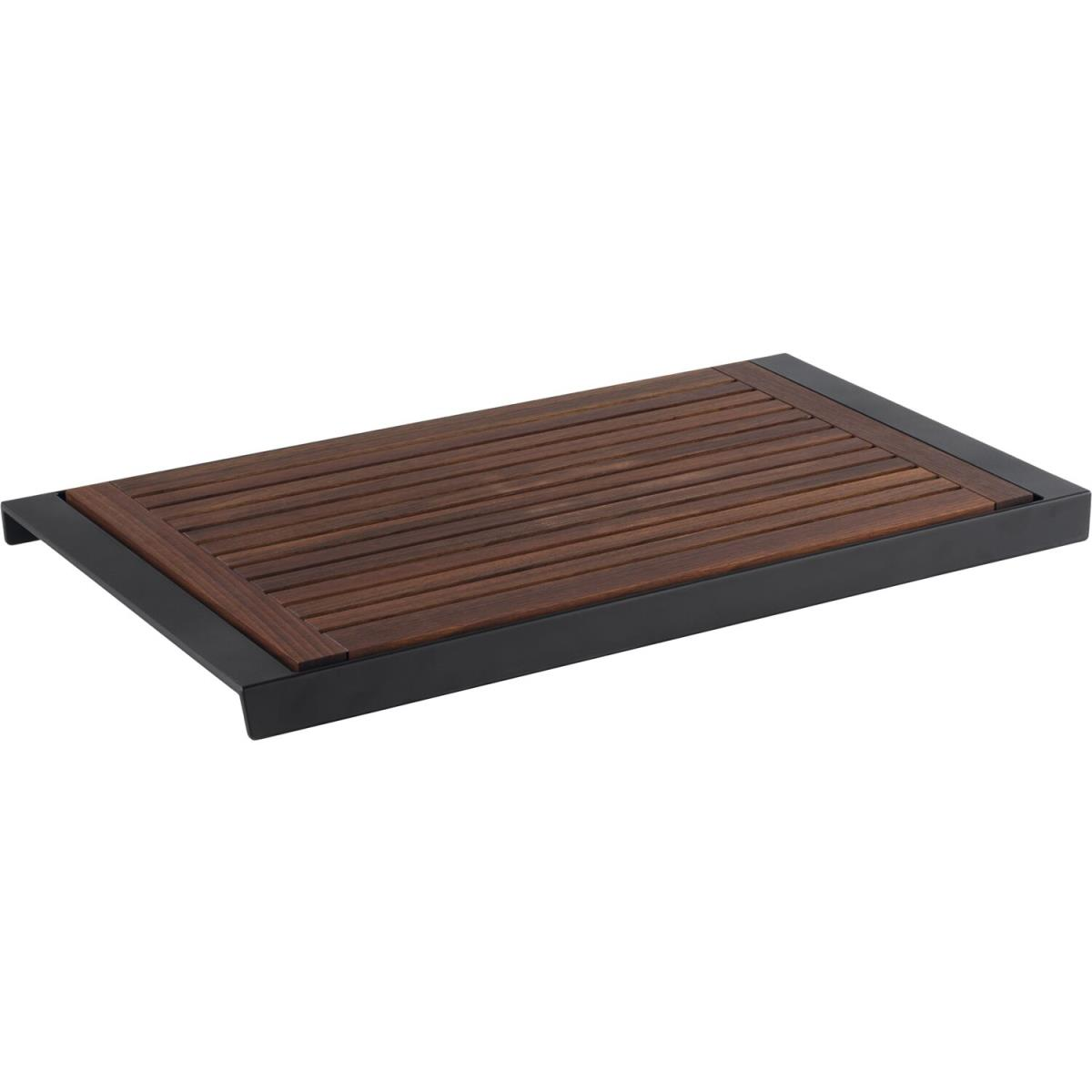 Holztablett mit schwarzem Rahmen. Die Holzoberfläche hat parallele Rillen.