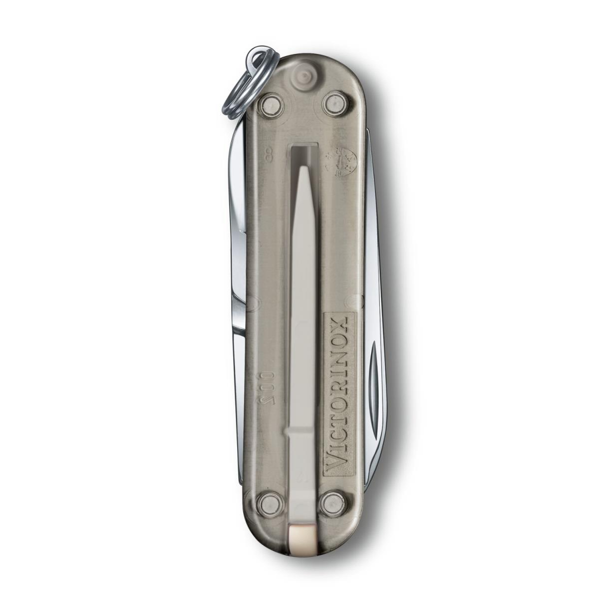 Şeffaf Victorinox İsviçre çakısı, yukarıdan görünüm, aletler görünür.