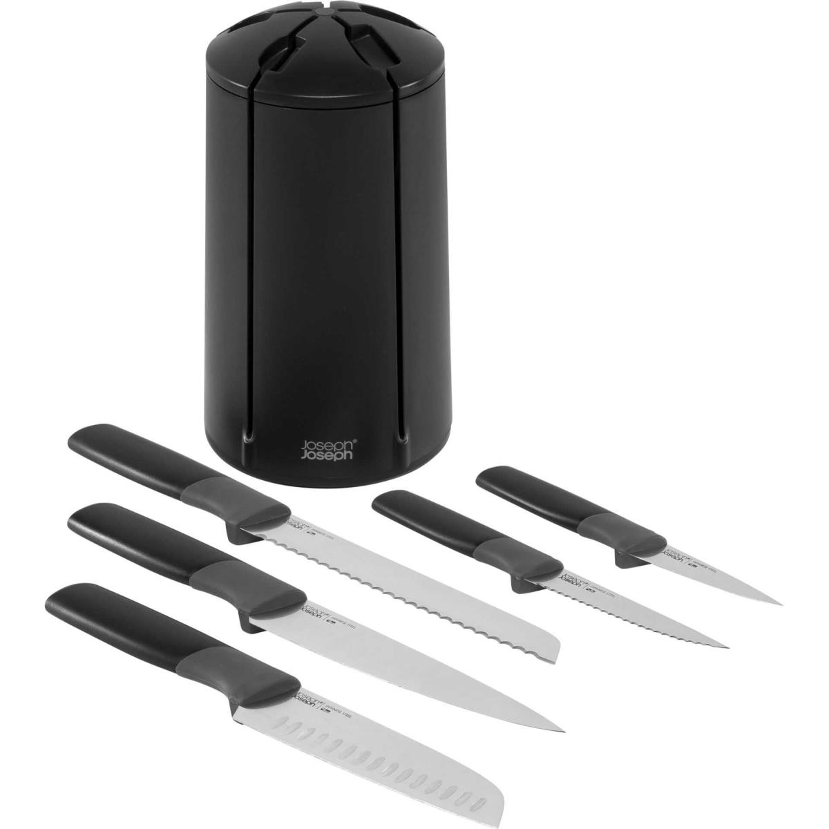 Bloc de couteaux noir avec un ensemble de six couteaux sur fond blanc.
