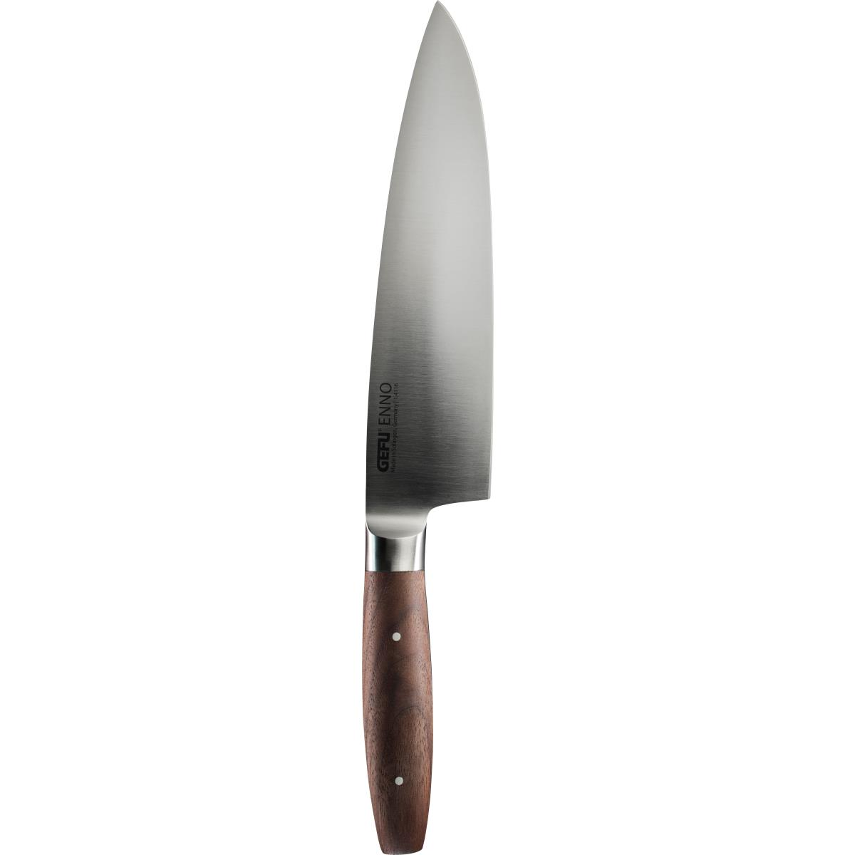 Kochmesser mit Holzgriff und langer, silberner Klinge, isoliert auf Weiß.