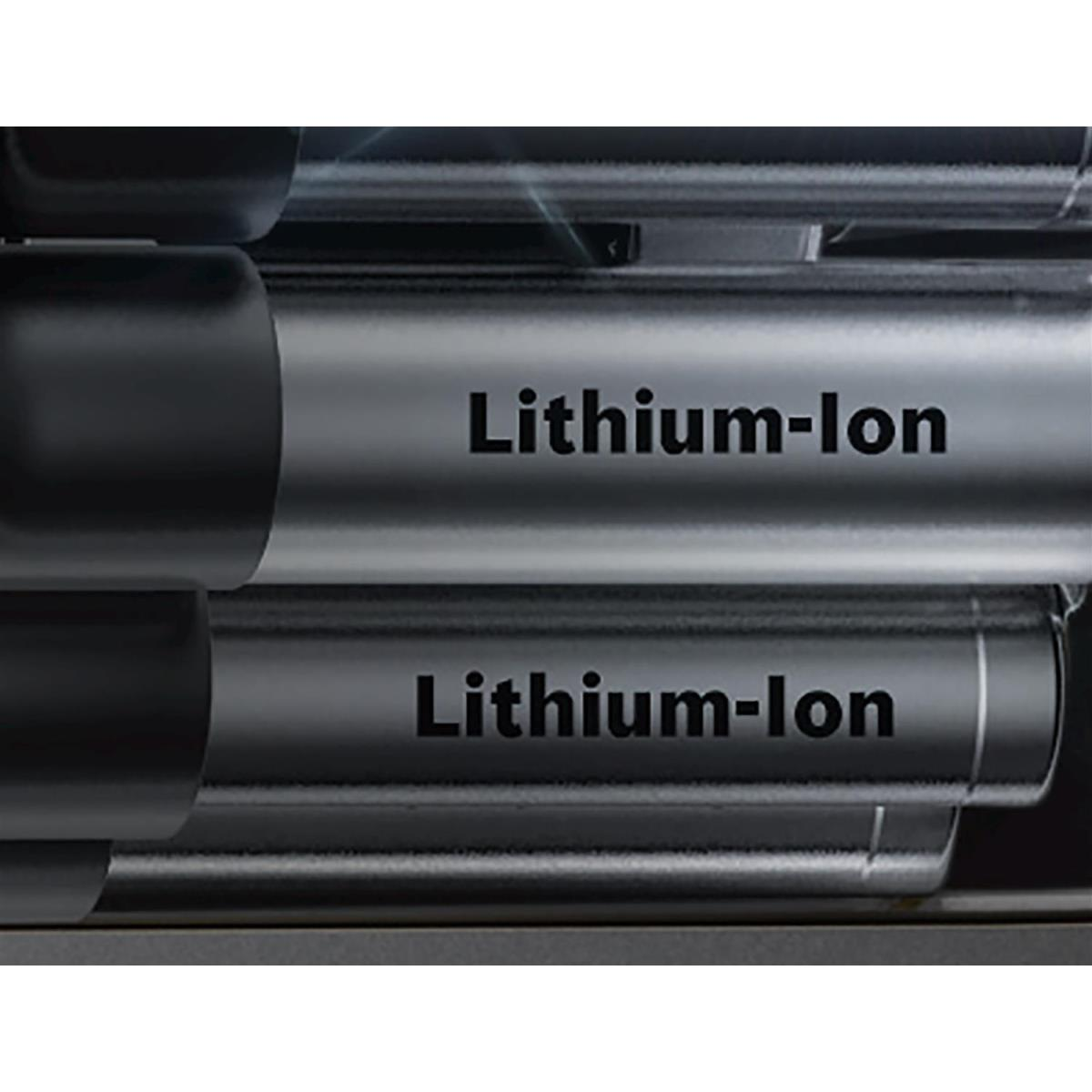 Primo piano di due batterie agli ioni di litio. Sono nere con testo bianco. Sfondo scuro.