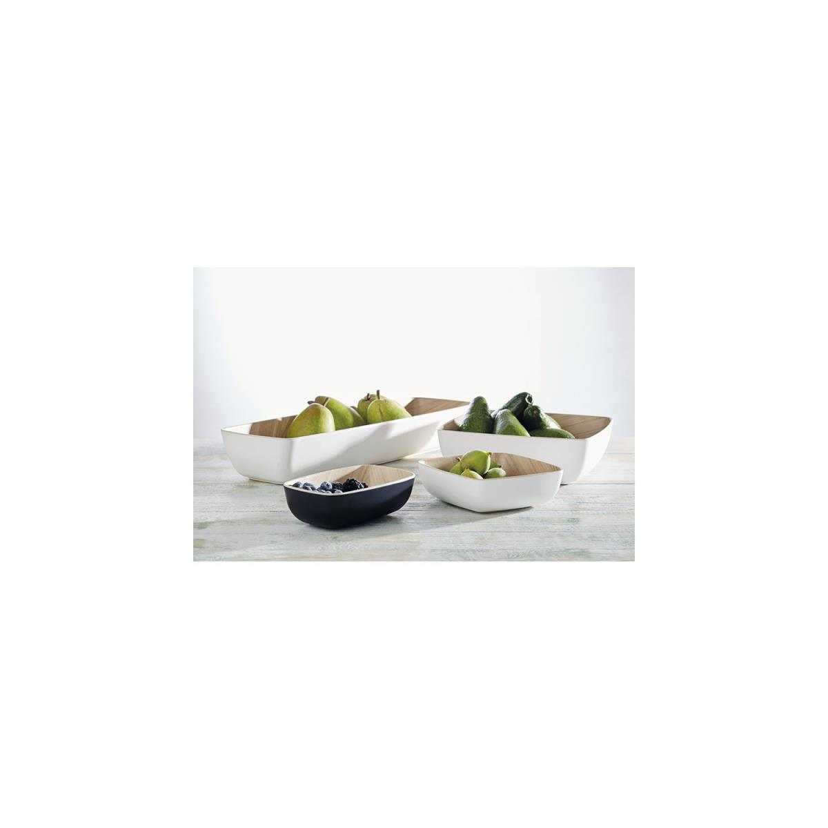 Vier weiße und schwarze Schalen mit Früchten darin. Enthält Birnen, Avocados und Blaubeeren.