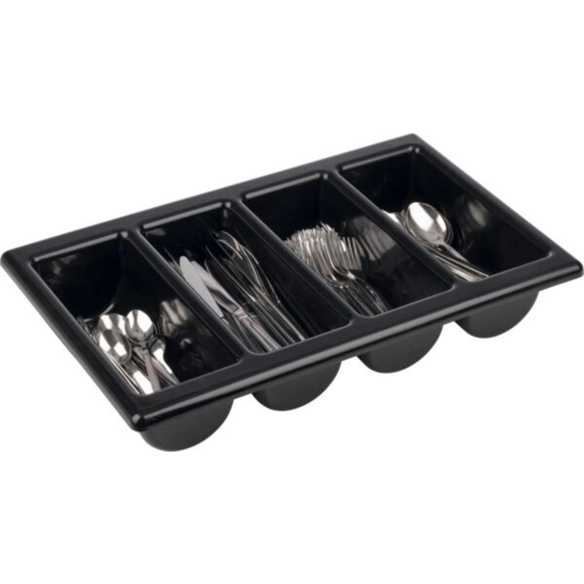 Eine schwarze Besteckschale mit vier Fächern, gefüllt mit Silberbesteck.